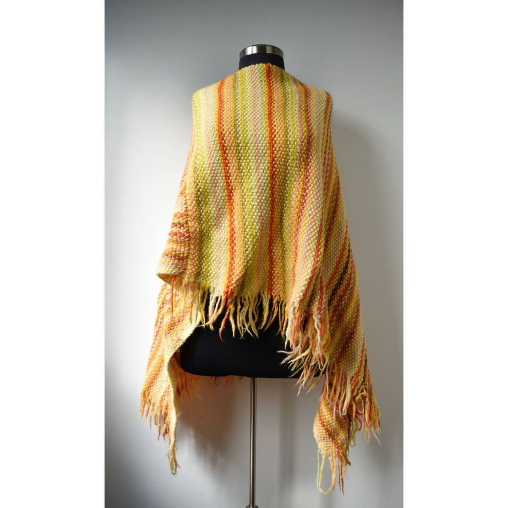 Handmade Vintage 1970s Striped Crocheted Blanket Poncho - Fall Colors